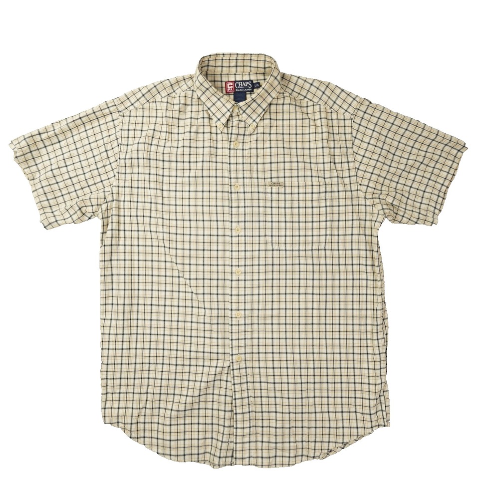 Chaps Ralph Lauren Button Up Shirt Men's Large Vintage Tan Plaid Preppy 90s
